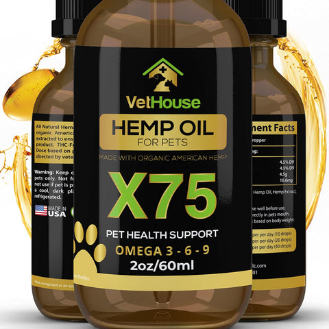 VetHouse - New X75 Formula - 2OZ Hemp Oil for Dogs and Cats - Hemp Oil Drops with Omega Fatty Acids - Hip and Joint Support and Skin Health - Made in USA